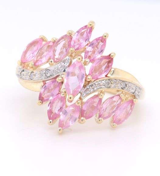 Attractive Yellow Gold Marquoise Pink Sapphire and Diamond Cocktail Ring
