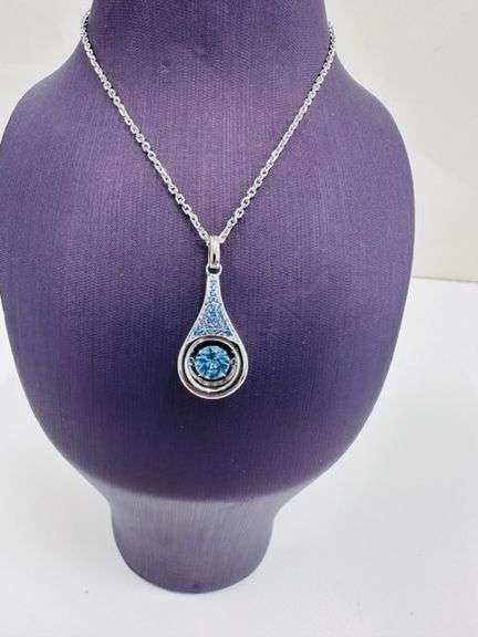 Platinum over 925 non tarnish Sterling silver with large fancy blue pendant