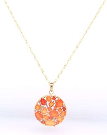 Handsome Yellow Gold Mexican Fire Opal and Diamond Pendant on Chain