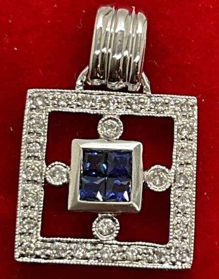 BRAND NEW 14K WHITE GOLD DIAMOND AND SAPPHIRE PENDANT.