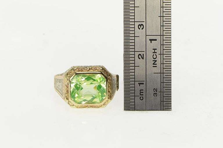 10K Yellow Gold Art Deco Lime Quartz Ornate Vintage Squared Ring