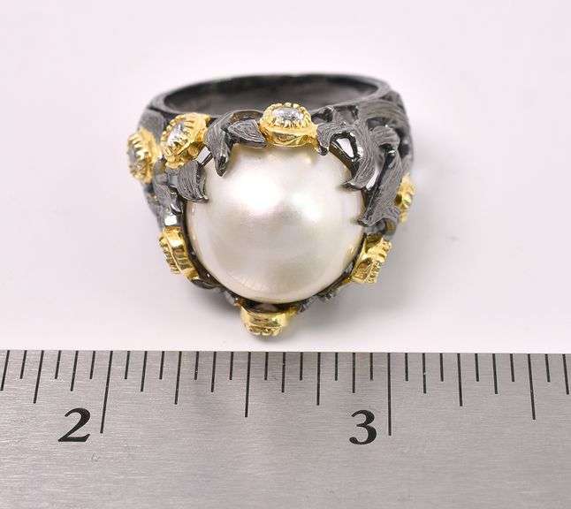 Large Pearl and CZ Ring In Sterling Silver