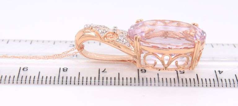 Stunning Rose Gold 15ct Rose De France Quartz and Diamond Pendant on Chain