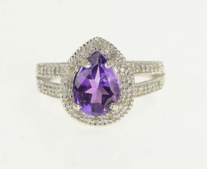 10K White Gold Pear Amethyst Diamond Halo Statement Ring