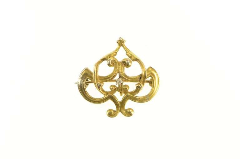 14K Yellow Gold Art Nouveau Swirl Diamond Watch Hanger Pin/Brooch
