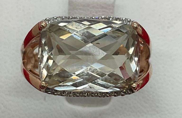 CERTIFIED LADIES 14K ROSE GOLD QUARTZ AND DIAMOND RING