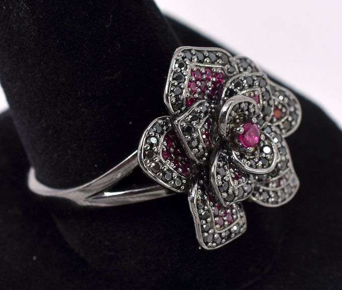 Black And Pink CZ Flower Ring In Sterling Silver