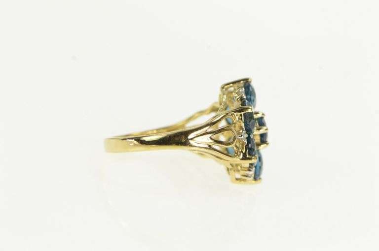 10K Yellow Gold Blue Topaz Diamond Halo Statement Cocktail Ring