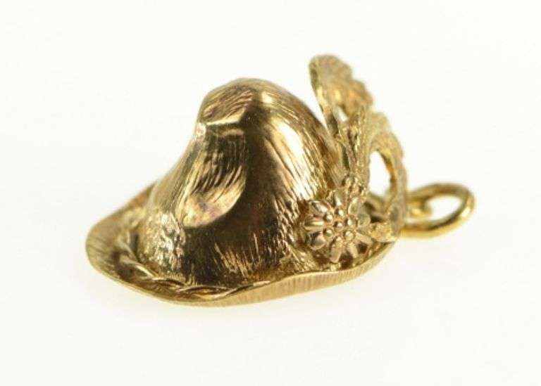 8K Yellow Gold Feathered Tyrolean Bavarian Alpine Hat Charm/Pendant
