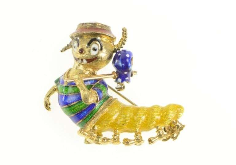 18K Yellow Gold Enamel Stylized Caterpillar Hobo Diamond Pin/Brooch