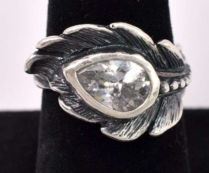 Feather Ring With CZ In Sterling Silver