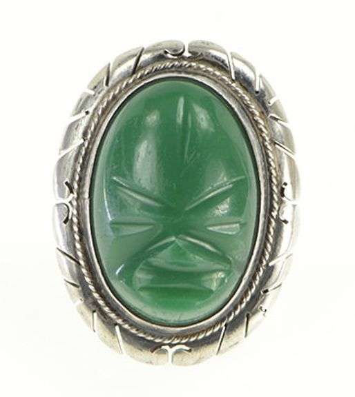 Sterling Silver Green Agate Carved Tribal Mask Statement Ring
