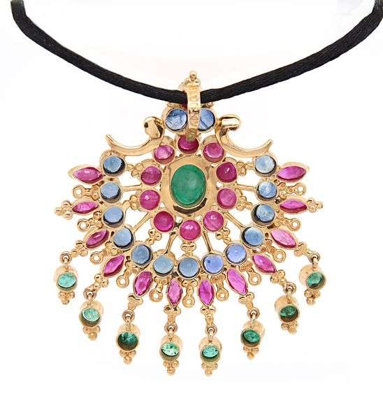 7.25ctw Ruby 4.50ctw Sapphire and 1.30ctw Emerald Fan Pendant Necklace in 14K