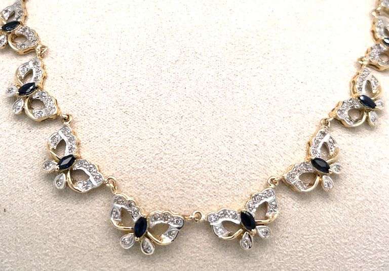 14K YELLOW GOLD VINTAGE BUTTERFLY NECKLACE WITH DIAMONDS AND SAPPHIRES