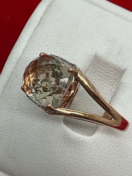 CERTIFIED LADIES 14K ROSE GOLD QUARTZ AND DIAMOND RING