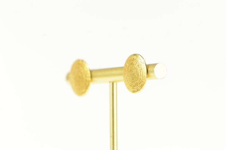 14K Yellow Gold Round Mayan Calendar Ornate Domed Stud Earrings