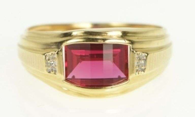 10K Yellow Gold Faceted Syn. Ruby Diamond Accent Men's Ring
