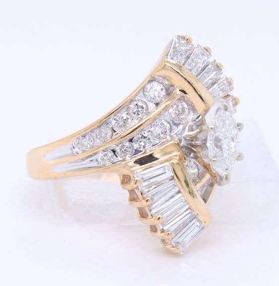 Dazzling Yellow Gold Marquois, Round and Baguette Diamond Ring