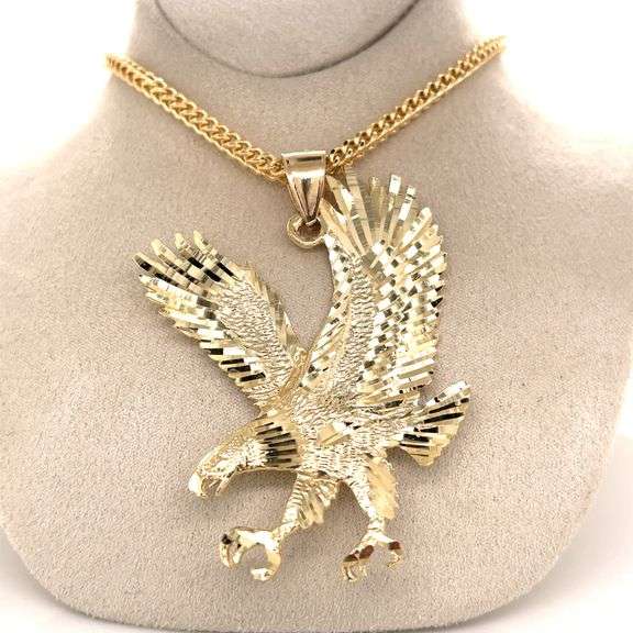 14K YELLOW GOLD DIAMOND CUT EAGLE CHARM WITH CHAIN