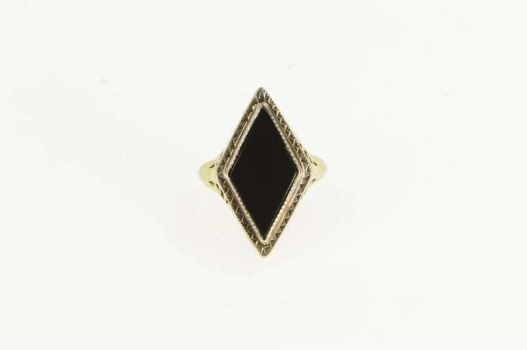 10K Yellow Gold Art Deco Black Onyx Filigree Elaborate Ring