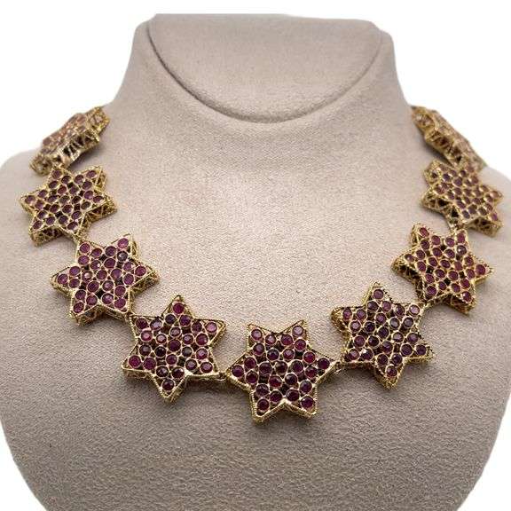 18K YELLOW GOLD 30 STAR NECKLACE- 75 CARAT RUBIES AND 75 CARAT EMERALDS