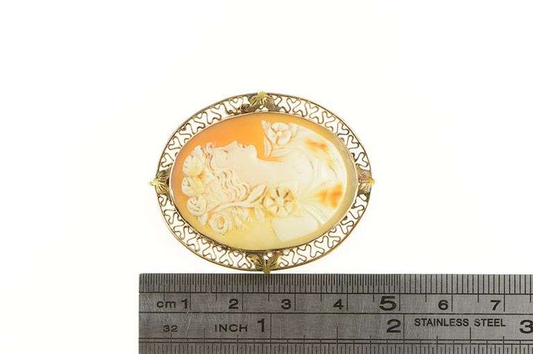 14K Yellow Gold Elaborate Ornate Carved Shell Cameo Lady Pin/Brooch