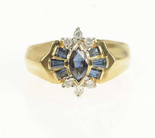 14K Yellow Gold Marquise Sapphire Diamond Accent Vintage Ring