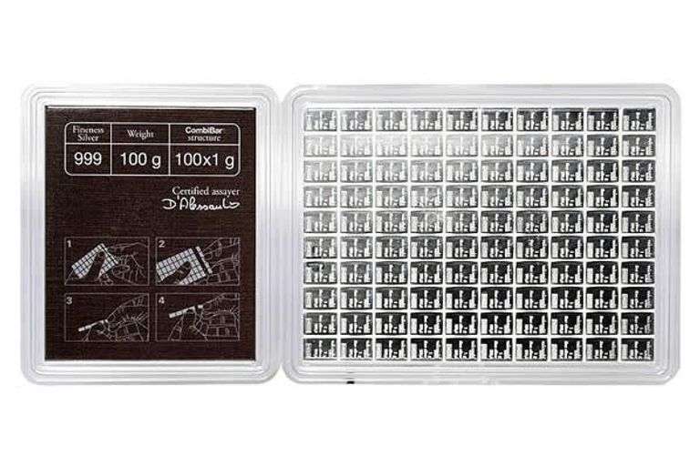100X 1 GRAM SILVER BAR- VALCAMBI SILVER CombiBar