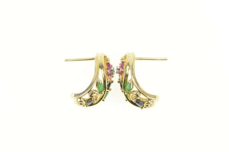 10K Yellow Gold Ruby Diamond Sapphire Flower Curved Earrings