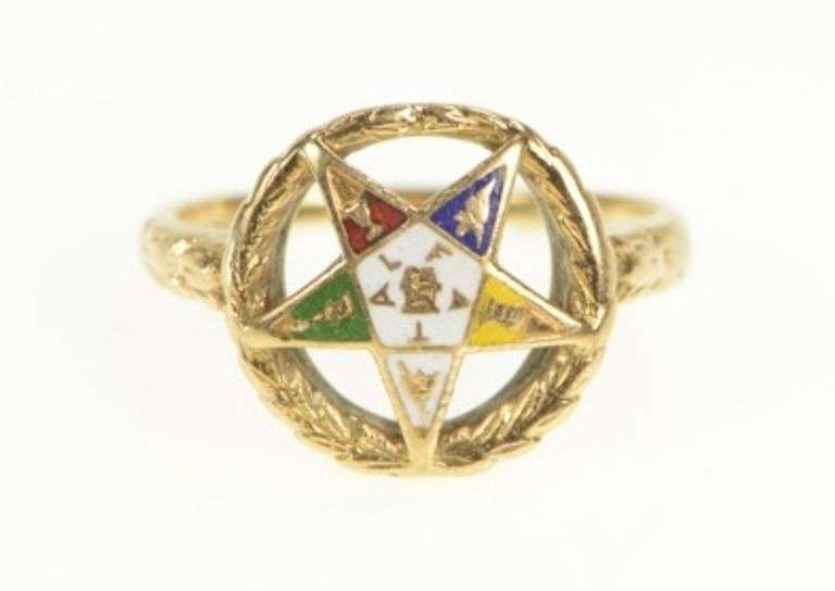 14K Yellow Gold Enamel Order of the Eastern Star Insignia Ring