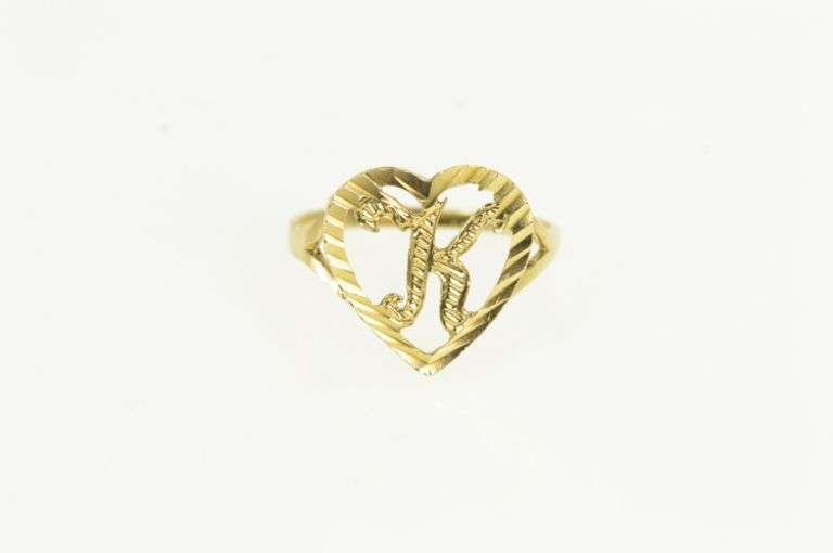 10K Yellow Gold Textured K Initial Monogram Name Heart Love Ring