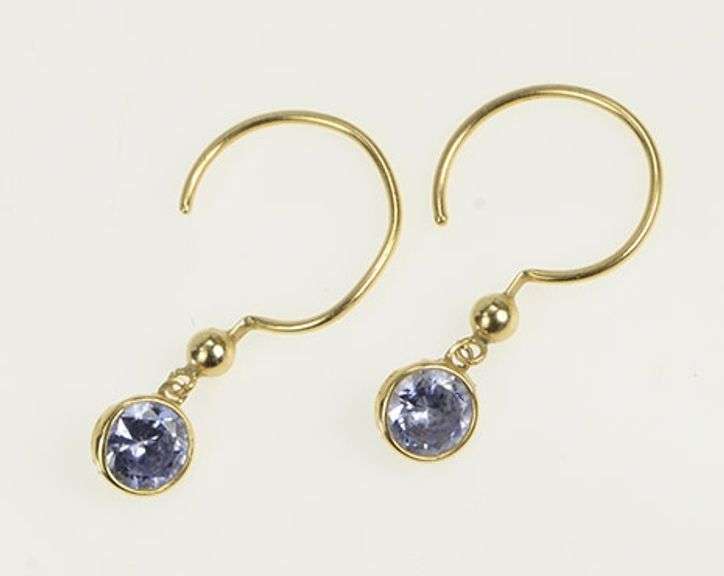 14K Yellow Gold Round Sim. Tanzanite Solitaire Dangle Hoop Earrings