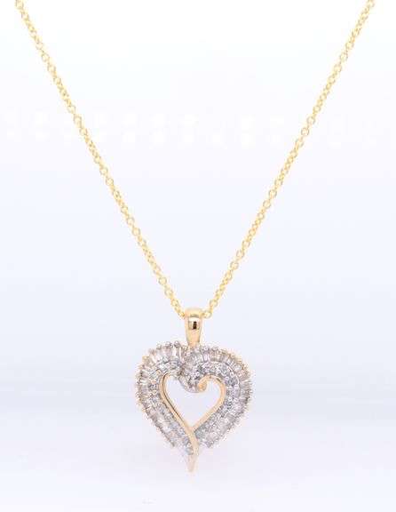 Attractive Yellow Gold Round Brilliant Cut and Baguette Open Diamond Heart Pendant on Chain