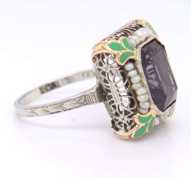 Antique White Gold Synthetic Alexandrite, Seed Pearl and Enamel Ring