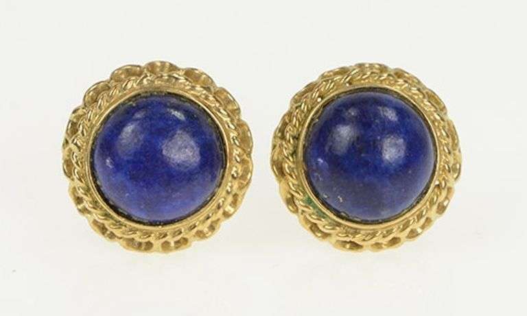 14K Yellow Gold 1960's Ornate Lapis Lazuli Scalloped Stud Earrings