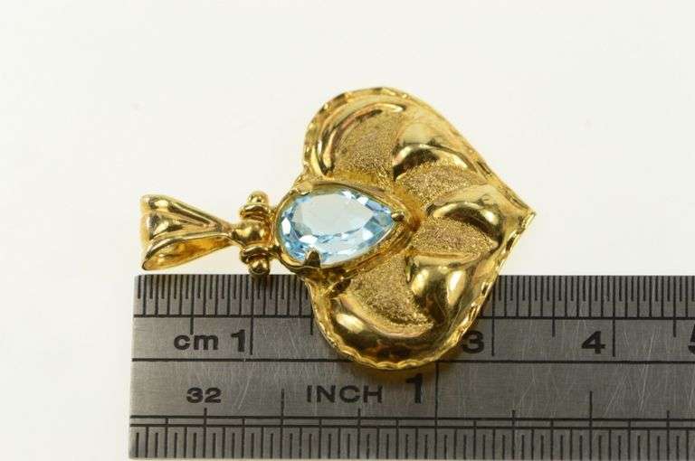 14K Yellow Gold Pear Blue Topaz Ornate Scalloped Heart Love Pendant
