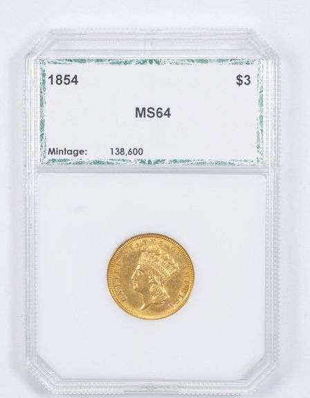MS64 1854 $3.00 Indian Princess Head Three-Dollar Gold Piece Grade PCI