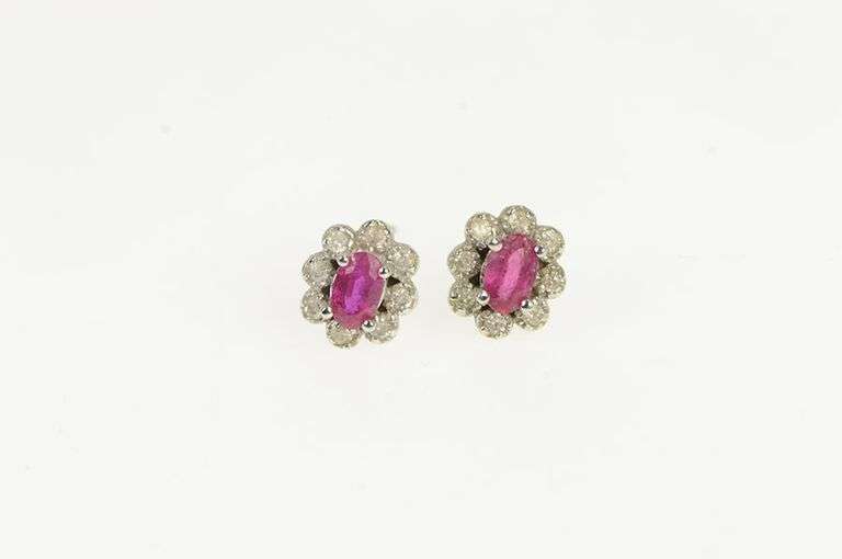 14K White Gold Oval Natural Ruby Diamond Halo Vintage Stud Earrings