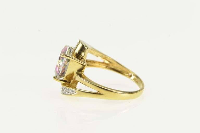 10K Yellow Gold Trillion Mystic Topaz Diamond Statement Ring