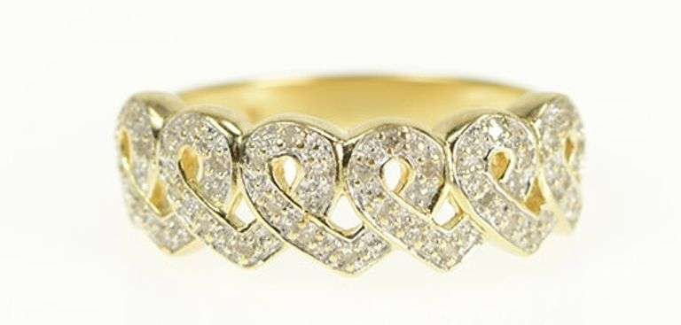 14K Yellow Gold Pave Diamond Ribbon Loop Pattern Band Ring
