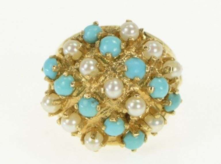 14K Yellow Gold 1960's Pearl Turquoise Domed Vintage Cocktail Ring