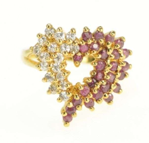 Sterling Silver Retro CZ Sim. Ruby Cluster Heart Love Symbol Ring