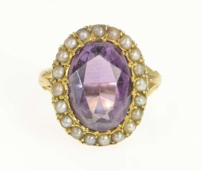 14K Yellow Gold Victorian Oval Amethyst Seed Pearl Cocktail Ring