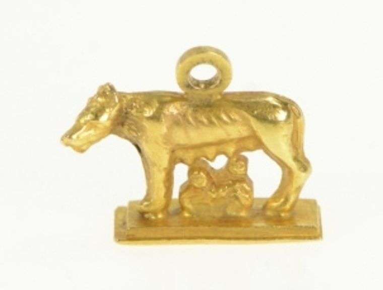 18K Yellow Gold Capitoline Wolf Romulus Remus Roman Myth Charm/Pendant