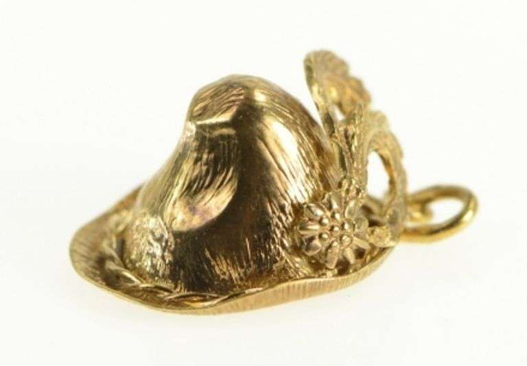 8K Yellow Gold Feathered Tyrolean Bavarian Alpine Hat Charm/Pendant