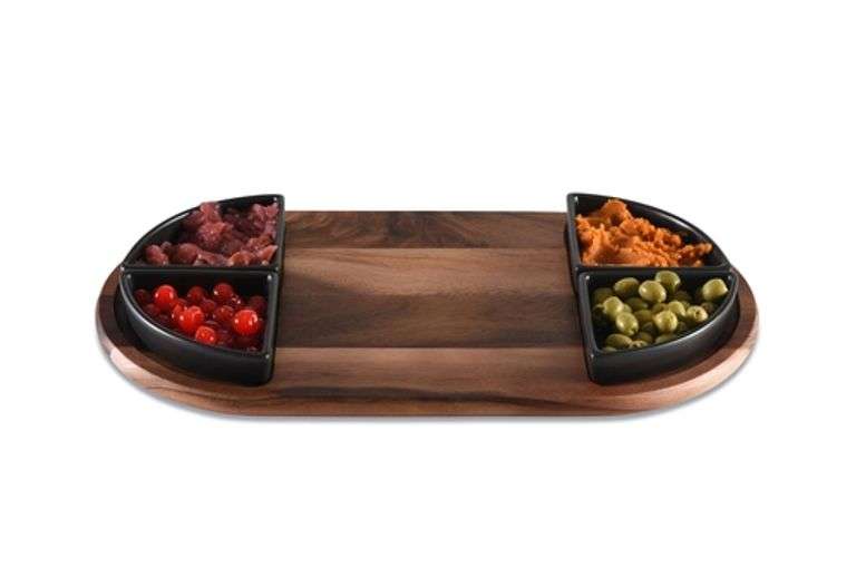Charcuterie Serving Tray W/ 4 Triangular Ceramic Bowls