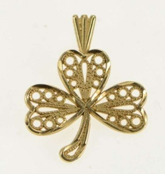 14K Yellow Gold Filigree Clover Shamrock Good Luck Lucky Charm/Pendant