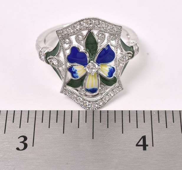 Enamel Flower With CZ Ring In Sterling Silver