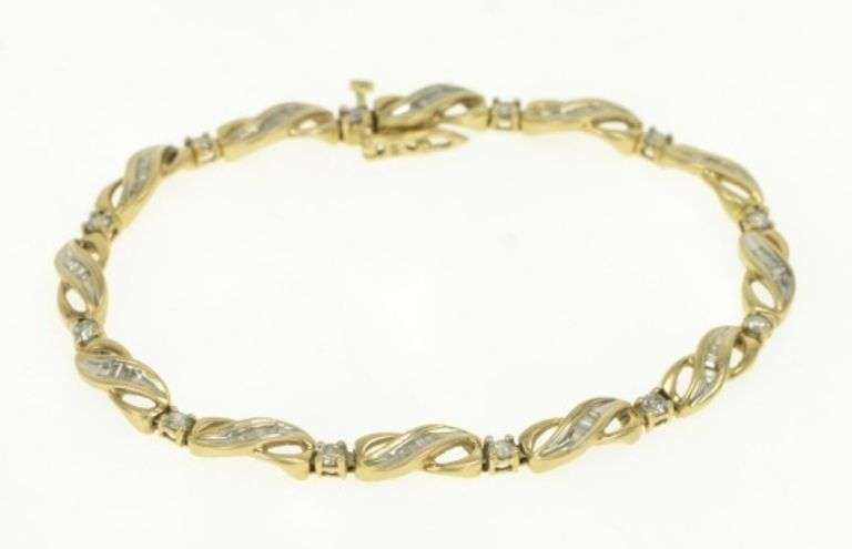 10K Yellow Gold Diamond Wavy X Link Vintage Tennis Bracelet