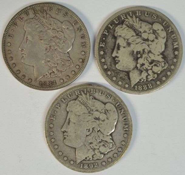 3 Diff. Key date 'S' Mint Morgan Silver Dollars: 84-S, 88-S, & 92-S
